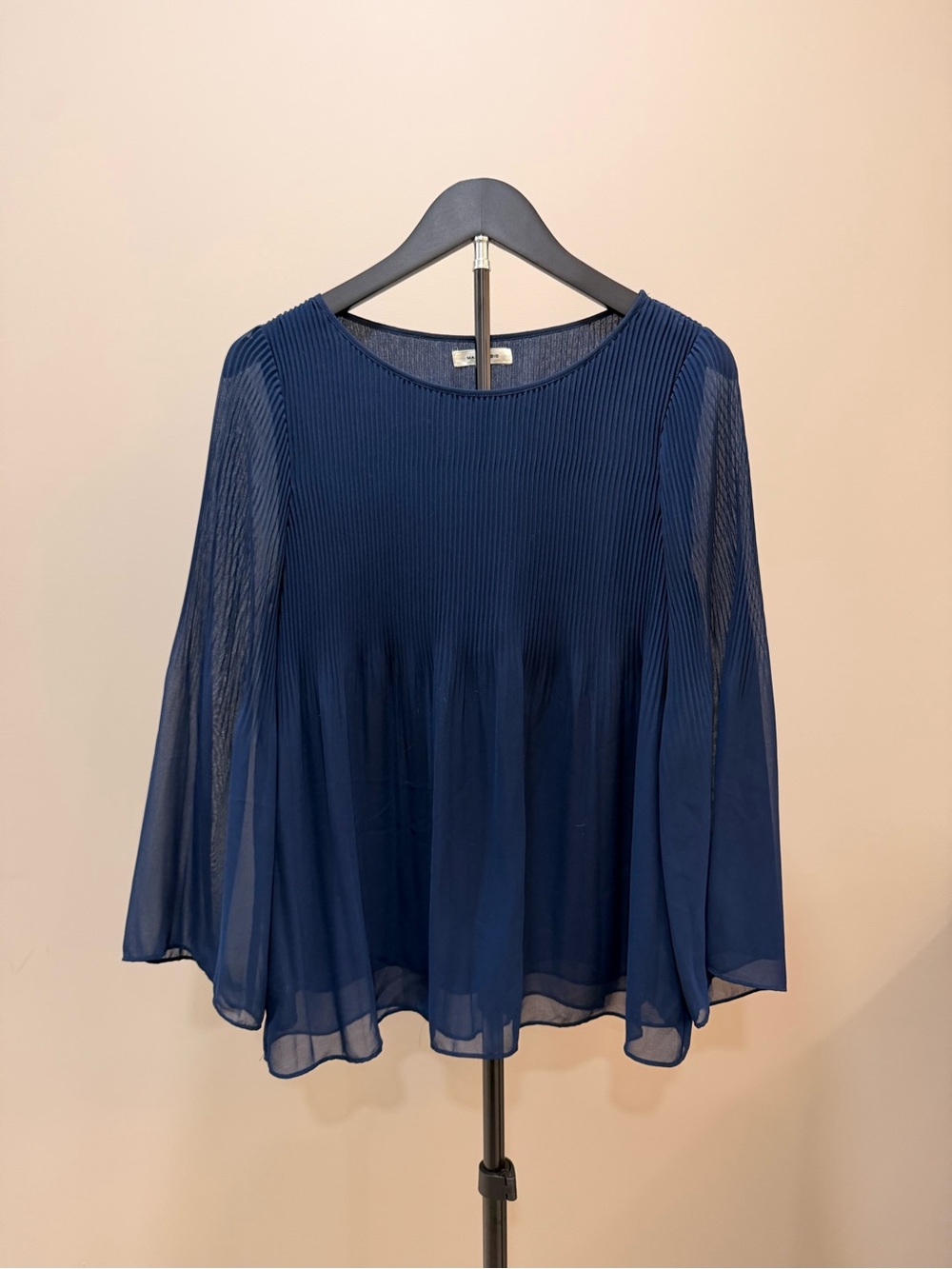 Max Studio Navy Pleated Sheer-Sleeve Blouse - Women